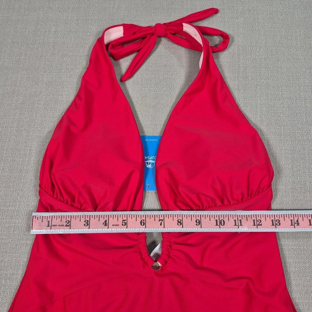 Cupshe Red Deep V Neck Ruched Halter One Piece‎ Swimsuit New Size L